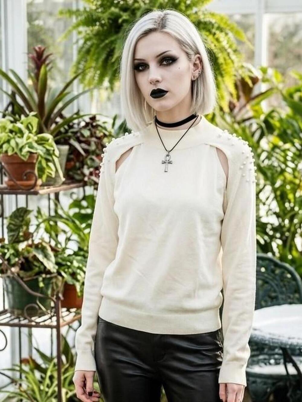 Cream Pearl Cut Out Shoulder Mock Neck Long Sleeve Knit Sweater Pullover Top